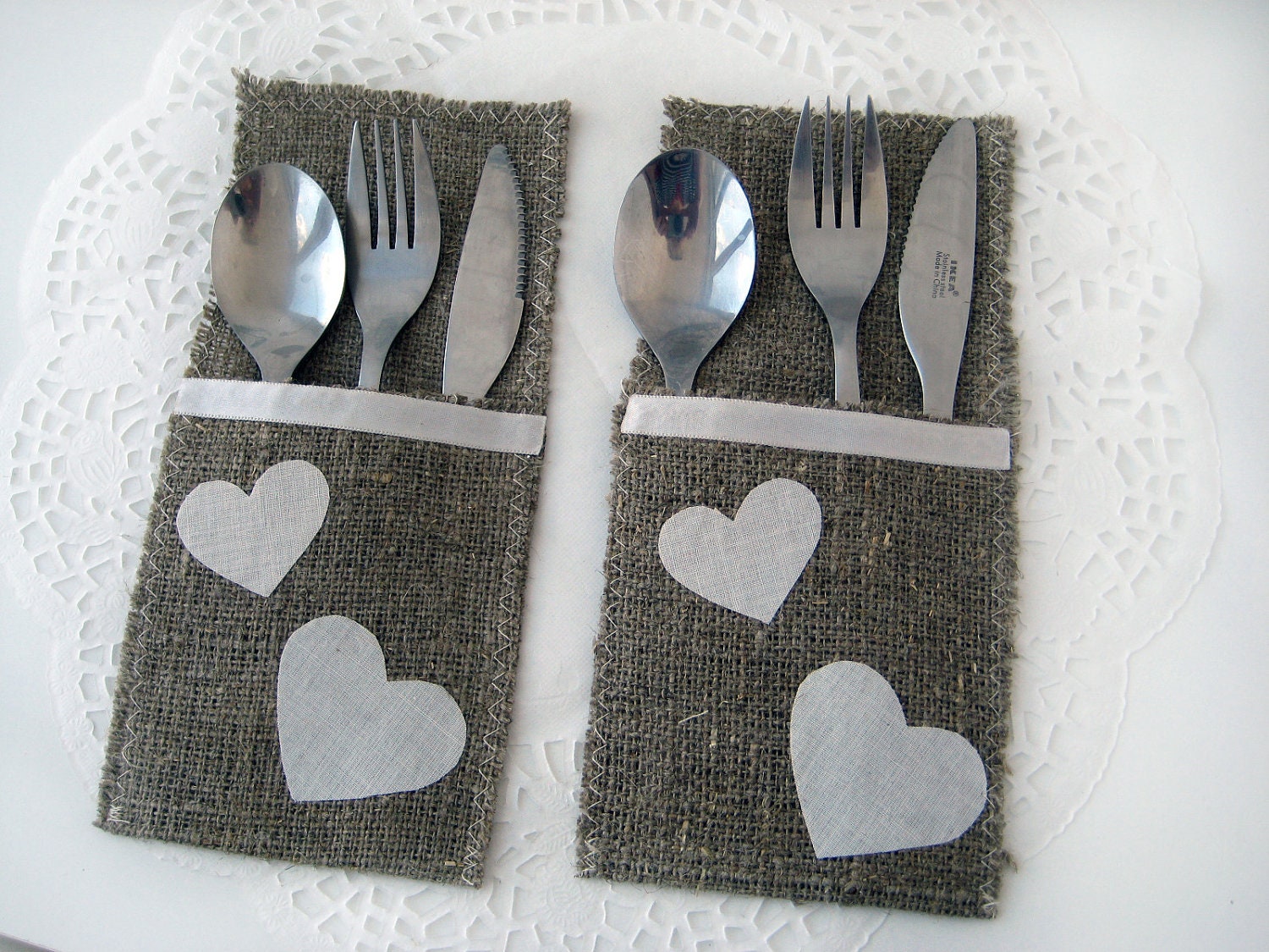 Set of 6-Burlap Silverware Holders , Rustic table decor