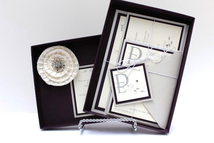 Wedding Invitations Dark Purple and Ivory with metallic silver
