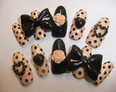 Sweet Black & Nude polka dots hearts and bows full false/fake 3D nails Japanese nail art Hime kei Gyaru Sweet Lolita