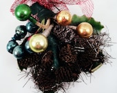 Vintage Handmade Christmas Corsage - Green Leaves, Pinecones, Mercury Ornaments, Silver Garland