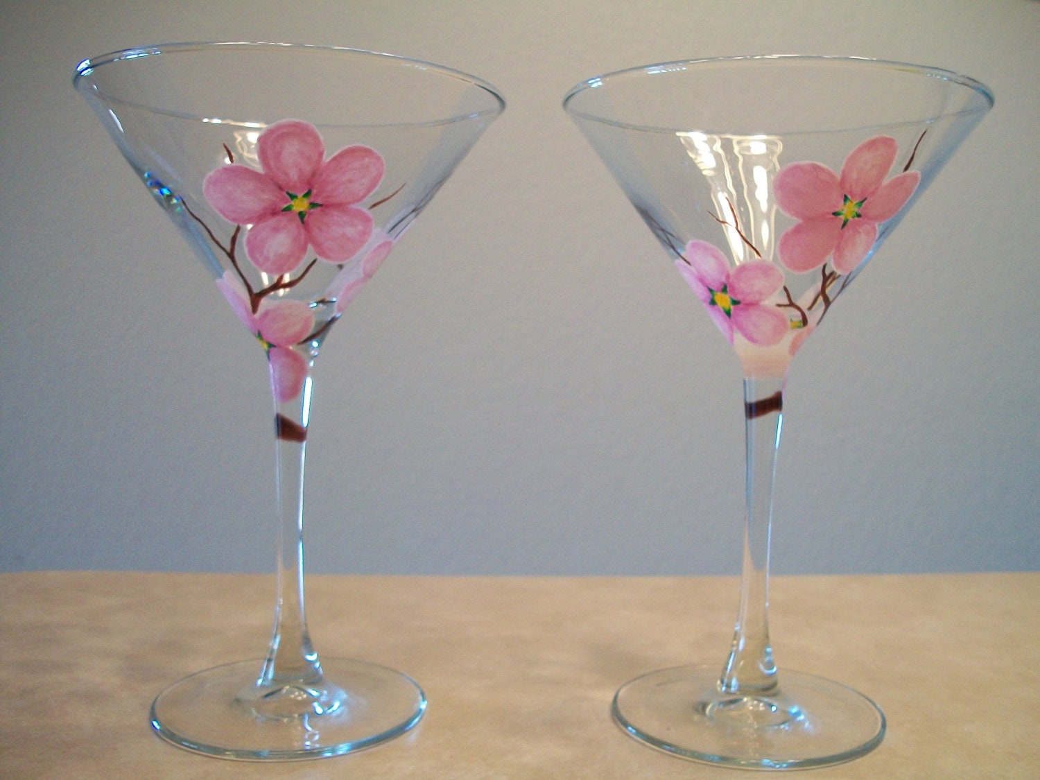 Cherry Blossom Martini Glasses Hand Painted, Set of 2