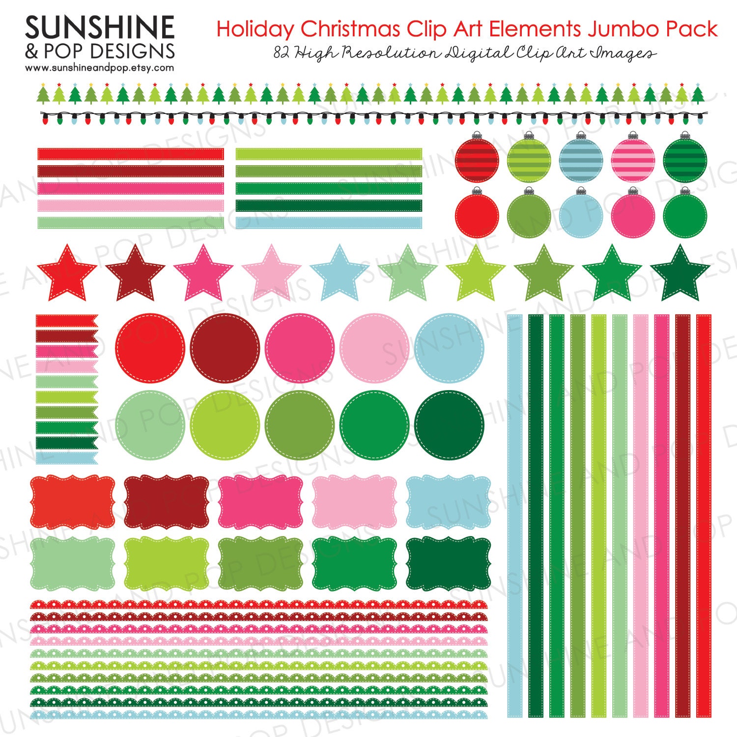 INSTANT DOWNLOAD - 82 Christmas Clip Art Elements Digital Jumbo Pack - scrapbooking labels ribbon stitched borders, holiday colorful clipart Il_170x135