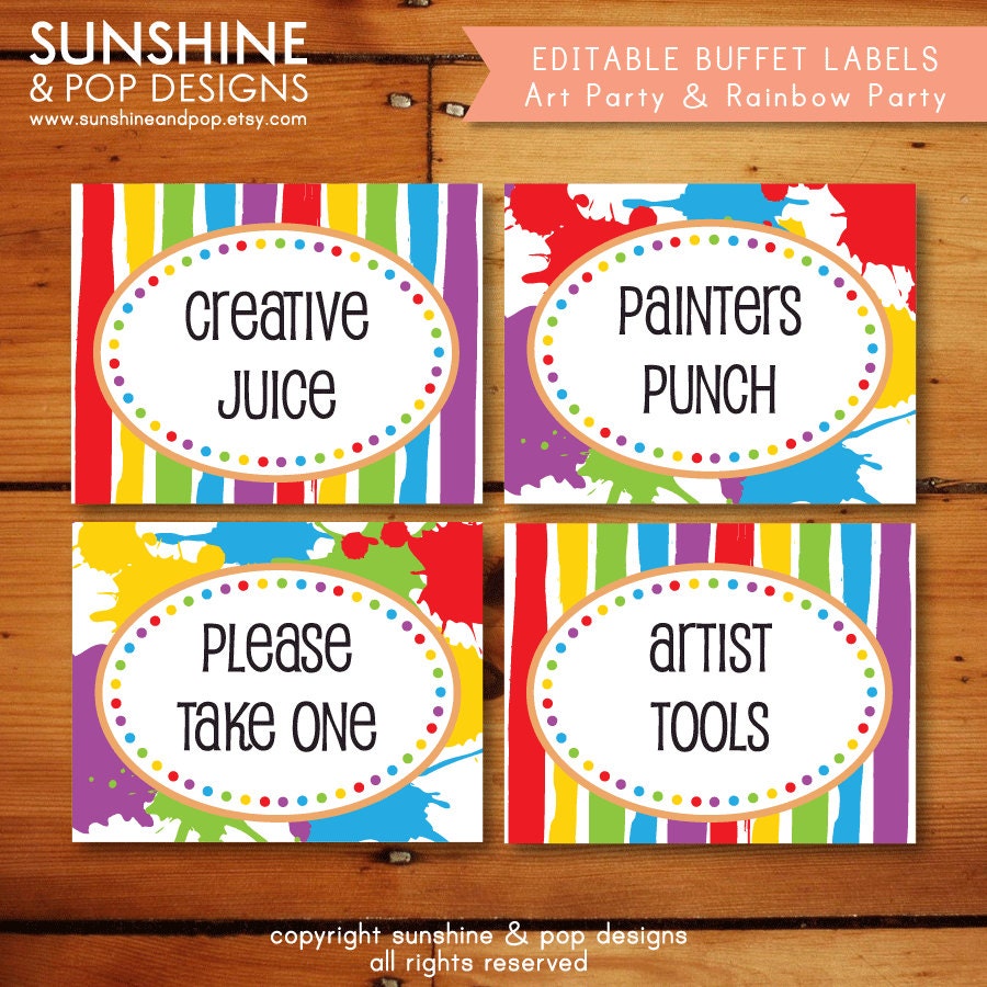 INSTANT DOWNLOAD - EDITABLE Rainbow Art Party Folding Buffet Card, Food Tag, Label - Custom pdf - Paint Splatter Painting Party Il_570xn