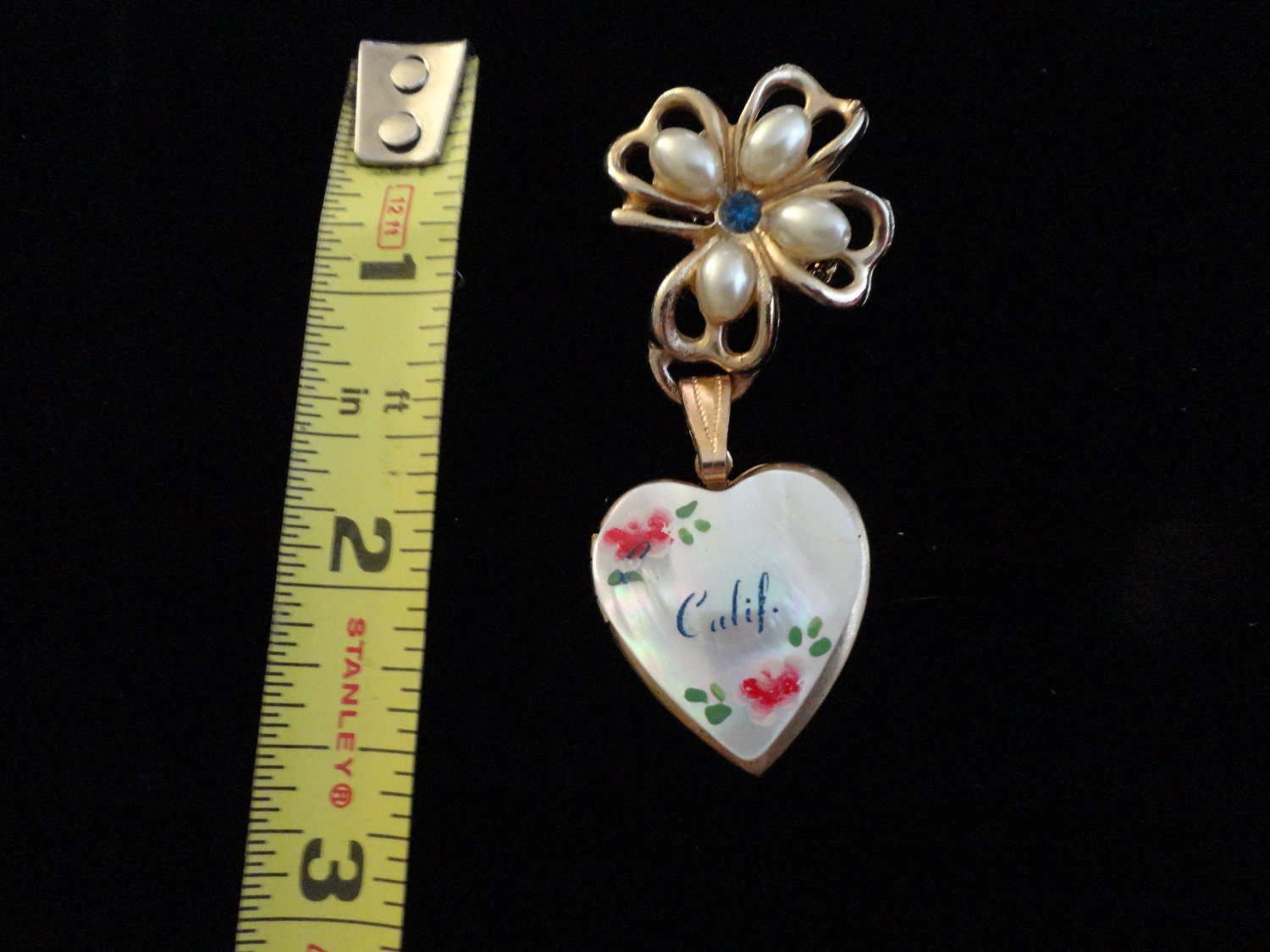 California Hand Painted Mother Of Pearl Gold Tone Lock Dangling Brooch