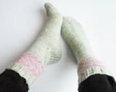 Thick boot socks in grey and pink, hand knit wool socks, women's slipper socks