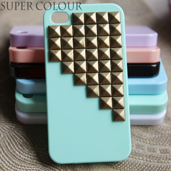 iPhone 4 Case, iPhone 4s Case, Studded Iphone 4 Case, Bronze pyramid stud light green  Hard Case Cover -- iPhone 4 Hard Case-SALE