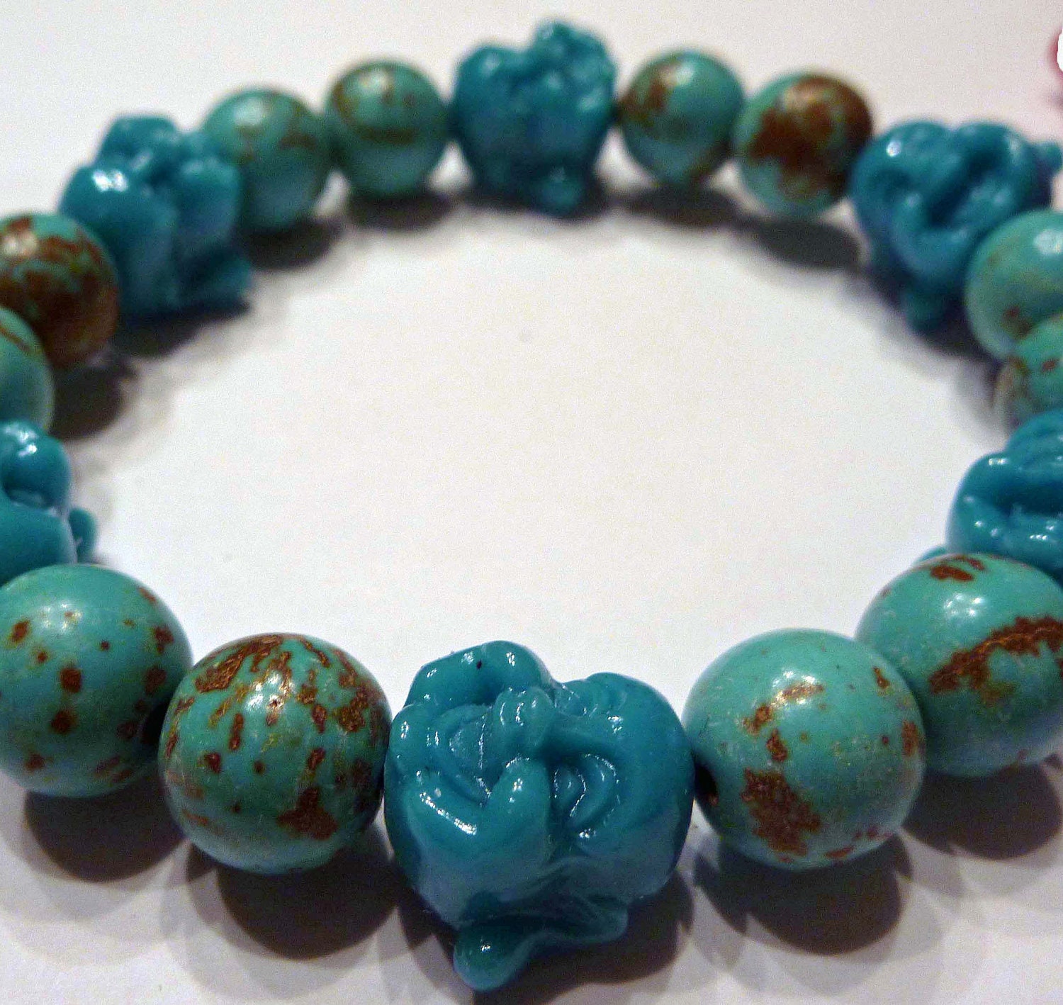 Stretchy blue coral Happy Buddha and turquoise bracelet