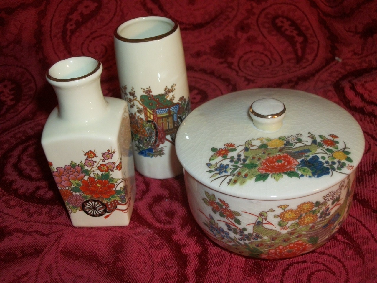 Home Decor, Japanese Vases, Covered Dish, Trinket Box, Jewelry Box, Dresser Set, Floral Design, Gold Accents, Hand Painted, Made in Japan