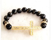 Sideways Cross on Gold Drizzled Black Beaded Stacking Bracelet Arm Candy