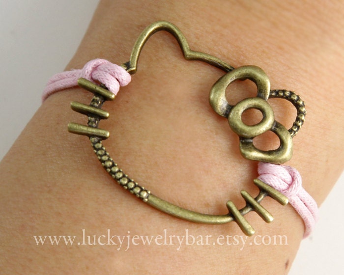 Hello Kitty Bracelet, antique bronze bracelet, pink wax cords bracelet
