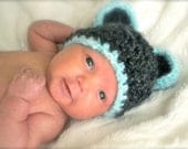 TEDDY blue pink bear Mouse Ears Baby Hat chunky gray crochet with blue fuzzy edge newborn photo prop cute beanie