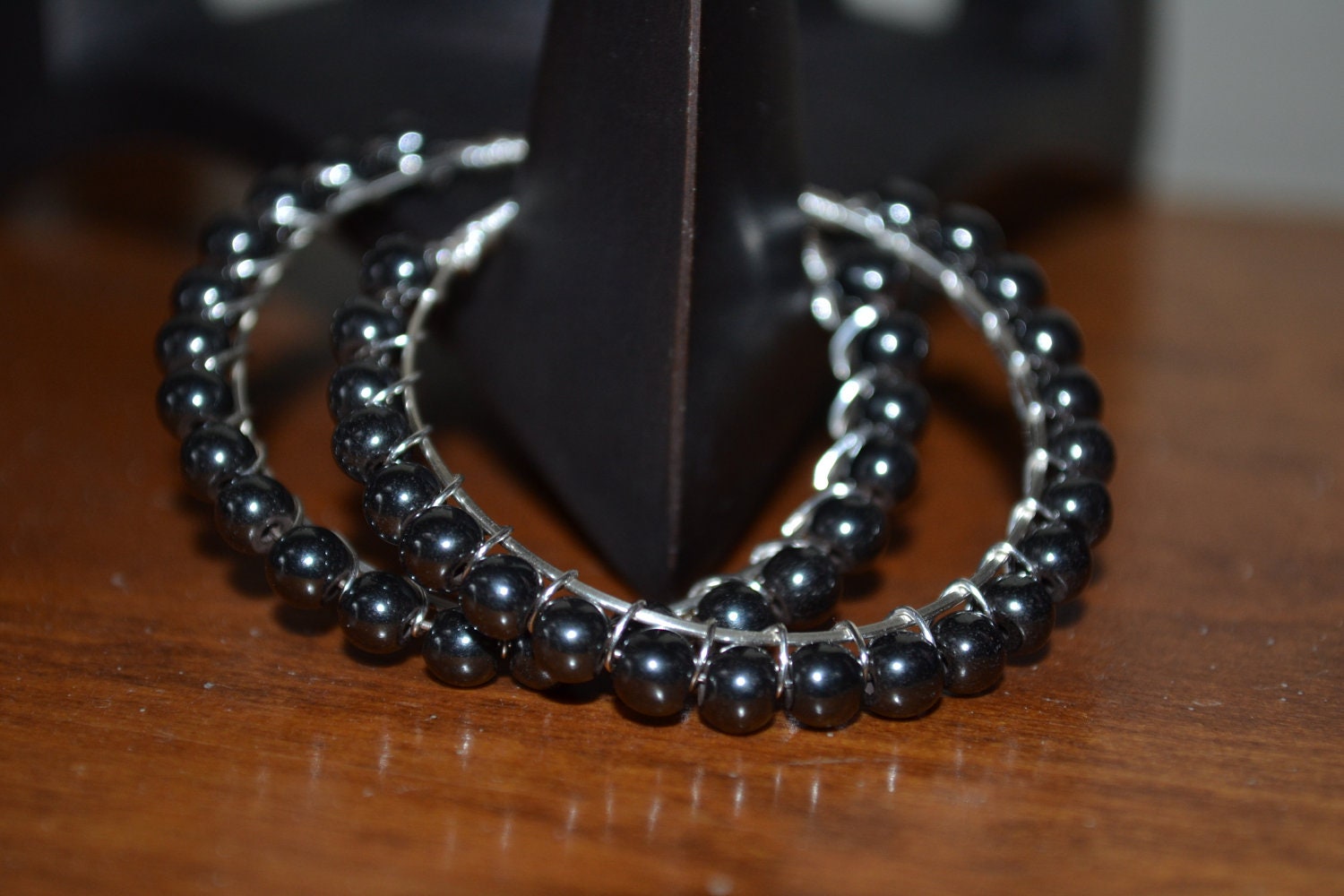 Hematite Bead Hoops, Wire wrapped hematite hoops