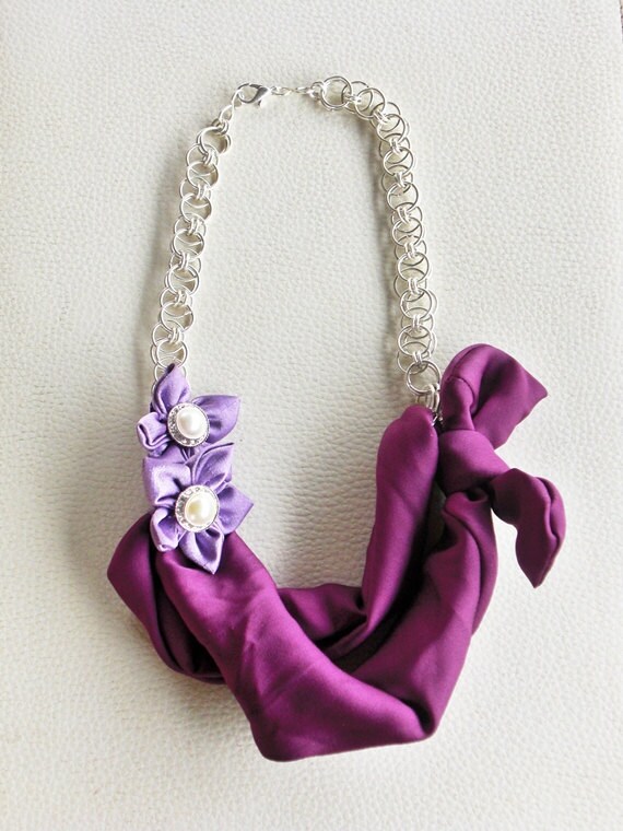 Handmade Purple Fabric Bow Necklace with Silver Helm Chain