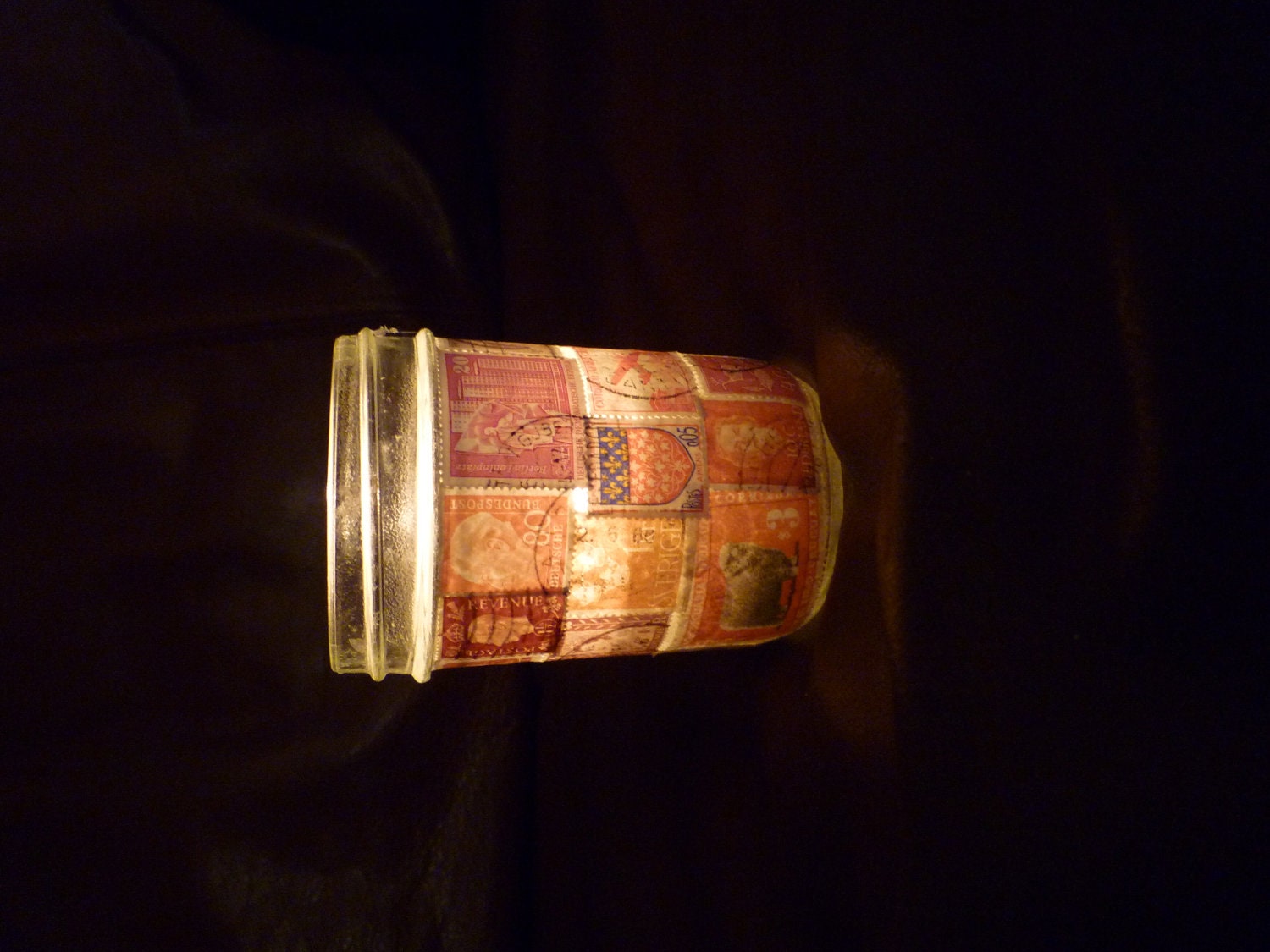 Vintage International Stamp Collaged Glass Votive-
