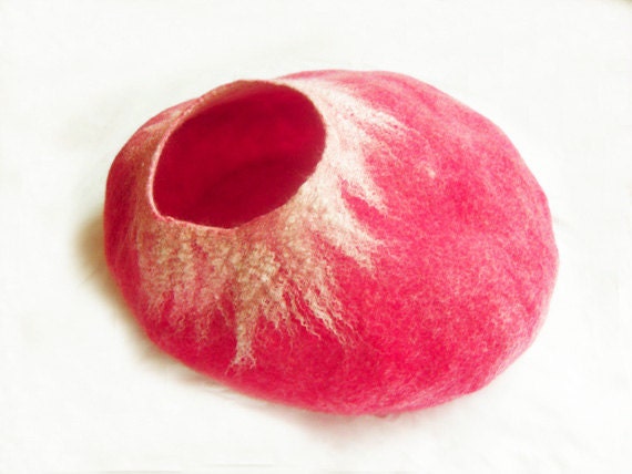 Cat Bed Cat Cave Cat House Pink Felted Wool with FREE Cat Ball