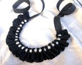black wrinkled jersey ribbon with faux pearls necklace - Mikasian