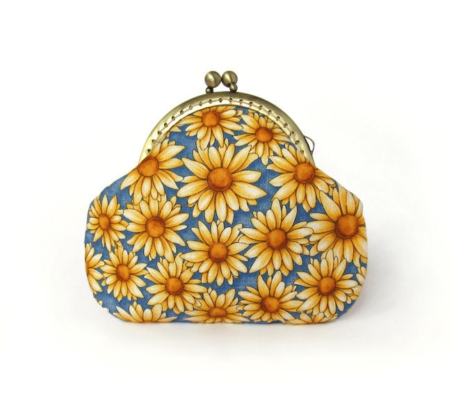 Yellow flowers purse - Change Pouch - Blue, honey, daisy cotton fabric with metal frame