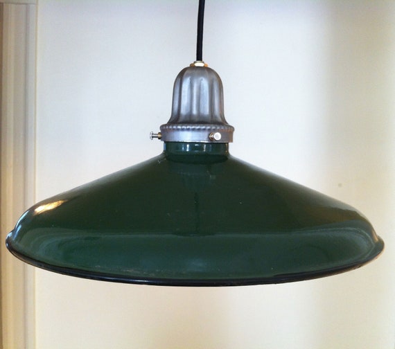 Vintage, Industrial, Porcelain Enamel, Green Gas Station Light, Pendant, Hard Wire, Barn Light