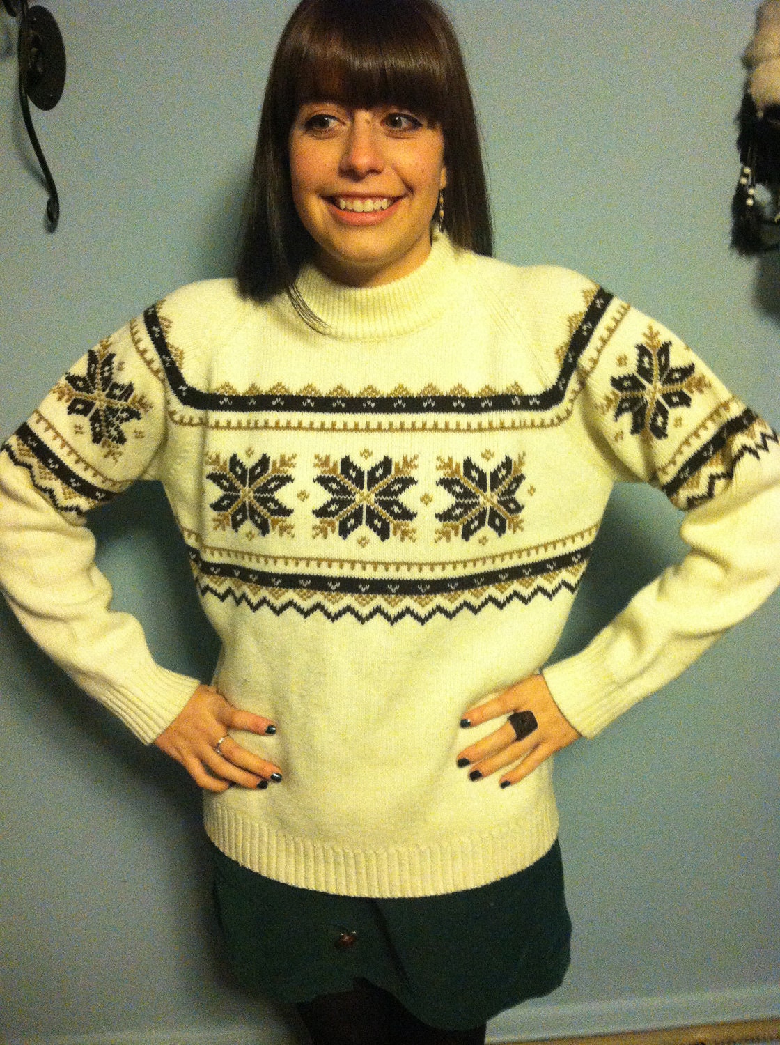 Unisex Cozy Pullover Sweater- Tan, Brown, Cream Colored w/ Half Turtle Neck and Cool Snowflake Pattern