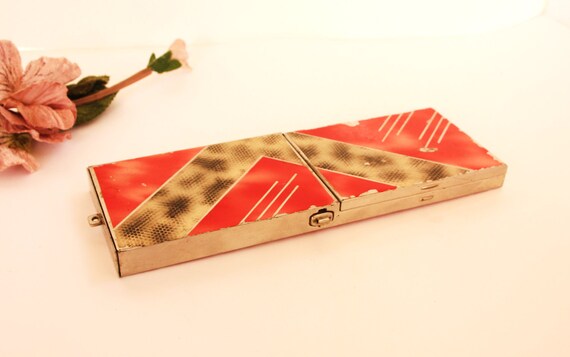 ANTIQUE Red Snakeskin Art Deco Enameled Cigarette holder mirror Compact Makeup Powder puff pancake dressing table