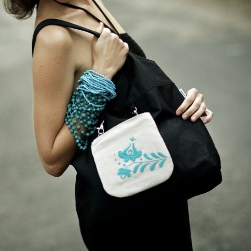 Tote bag purse shoulder bag everyday bag black canvas hand embroidery turquoise cosmetic bag pouch