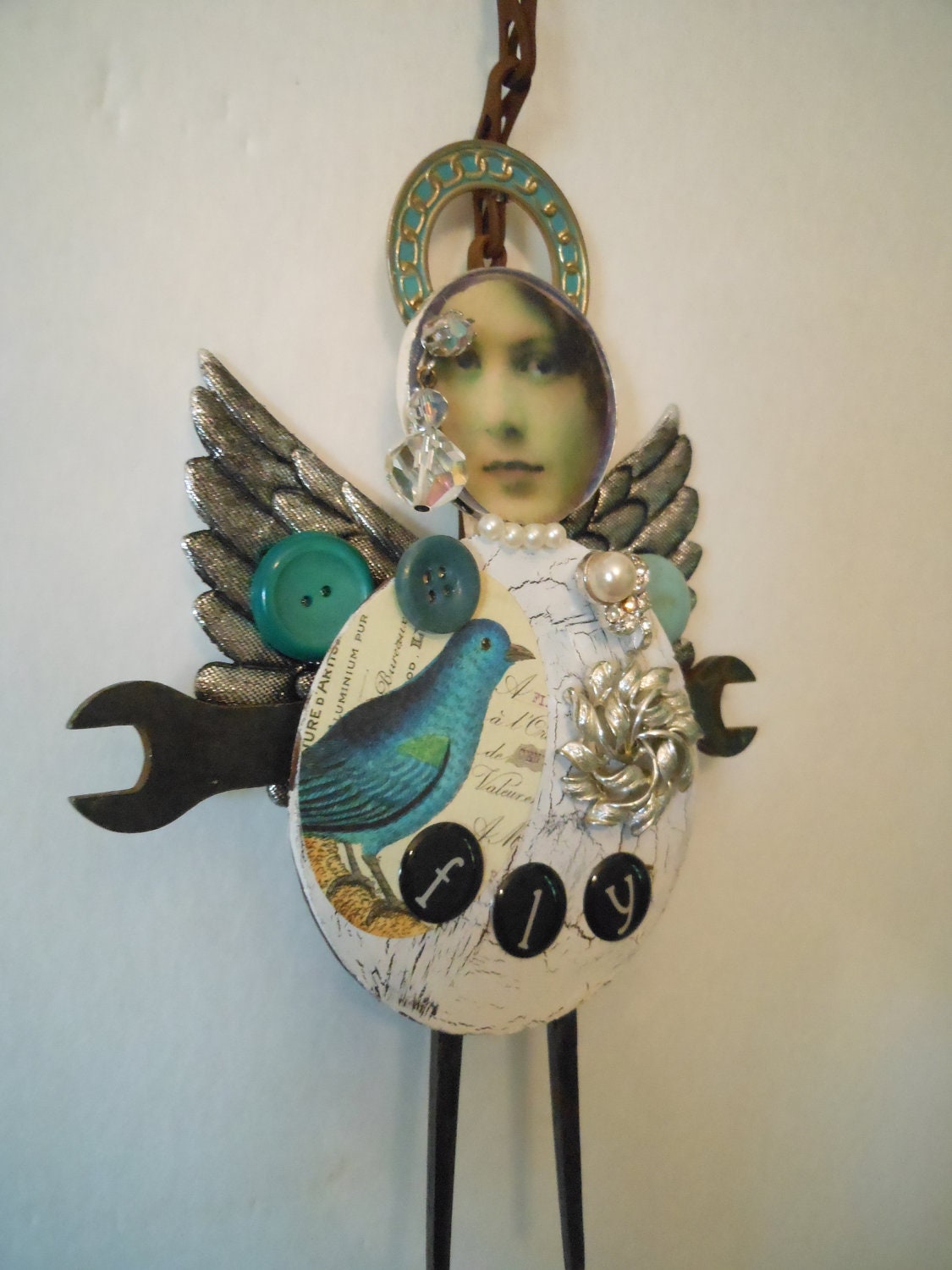 primitive angel, OOAK, folkart, wall hanging, bluebird, rhinestones, vintage jewelry, crystal, old tools, old hardware, rusty