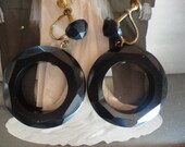 Vintage Antique 1920s Jet Black Hoop Dangle Mourning Earrings Screw Backs Womens Flapper Roaring 20s Costume Jewelry Estate