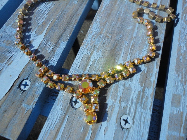 Vintage Flapper Art Deco Bridal Amber Color Aurora Borealis Rhinestone Necklace Vintage 30s 1940s Bride Womens Choker Wedding Bling