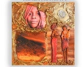 Collage African art Original Mixed Media canvas KSAVERA "Himba" 14x14x1,6 Art Nouveau Abstract Africa crystals Orange Contemporary Painting