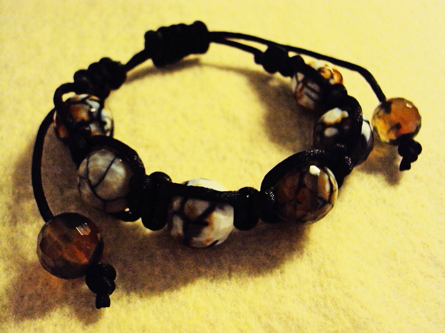 Men's spider web agate shamballa bracelet on black satin cord