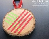 Hand-Painted Christmas Tree Ornament - Wood Slice - Red and Green Geometric Design