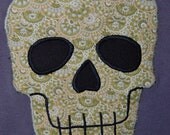 Upcycled Size Medium Grey V neck Tshirt With Green Skull Applique