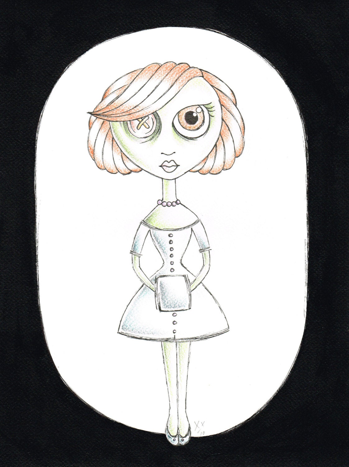 Original Illustration, Zombie Girl, Picture, Art, Ink, Coloured Pencil, Acrylics, 24 x 32 cm, Figure, Horror, Old School, Tattoo Design