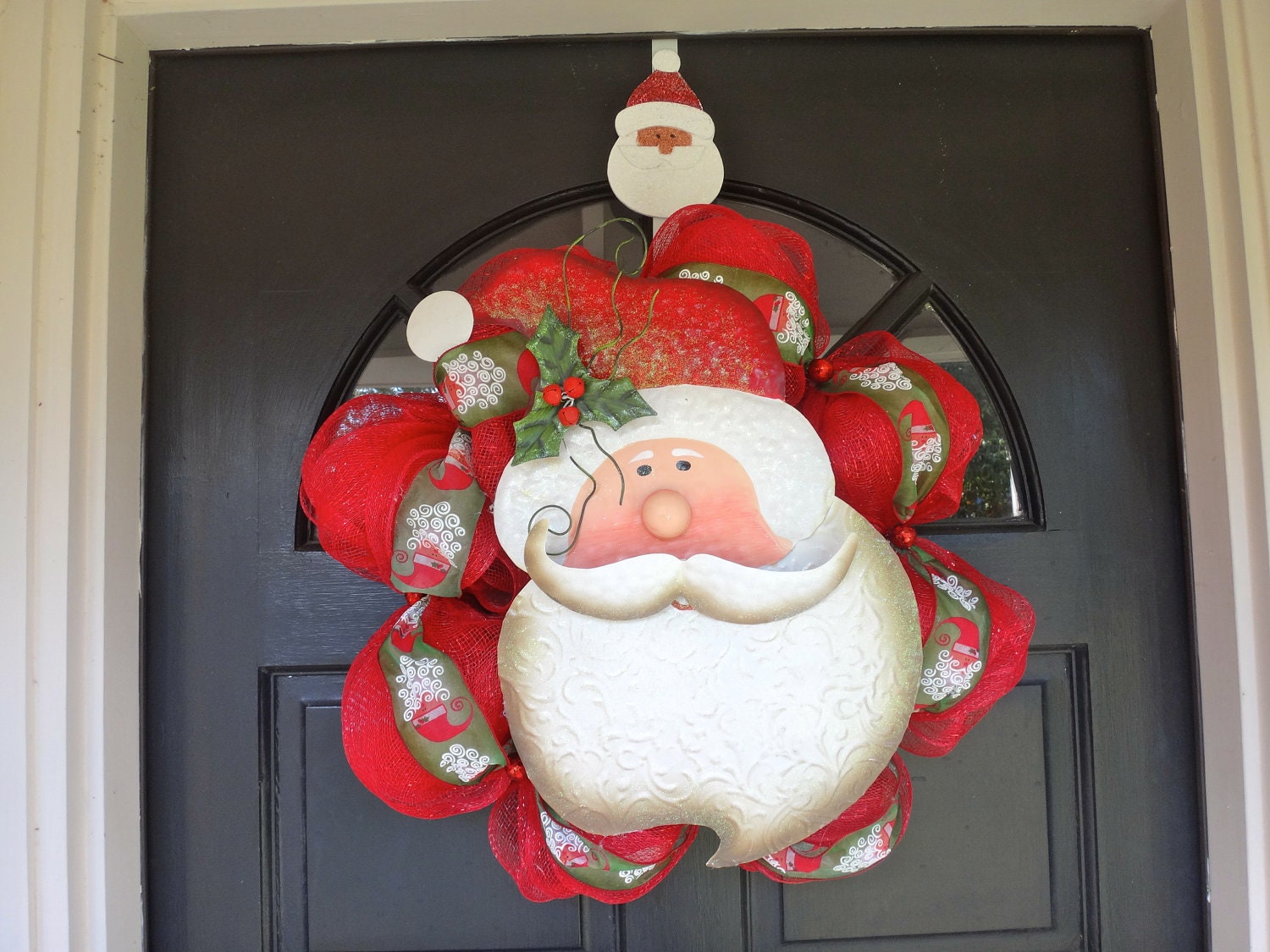22" Adorable Santa Wreath- Red and White Deco Mesh - KnockKnockDesign