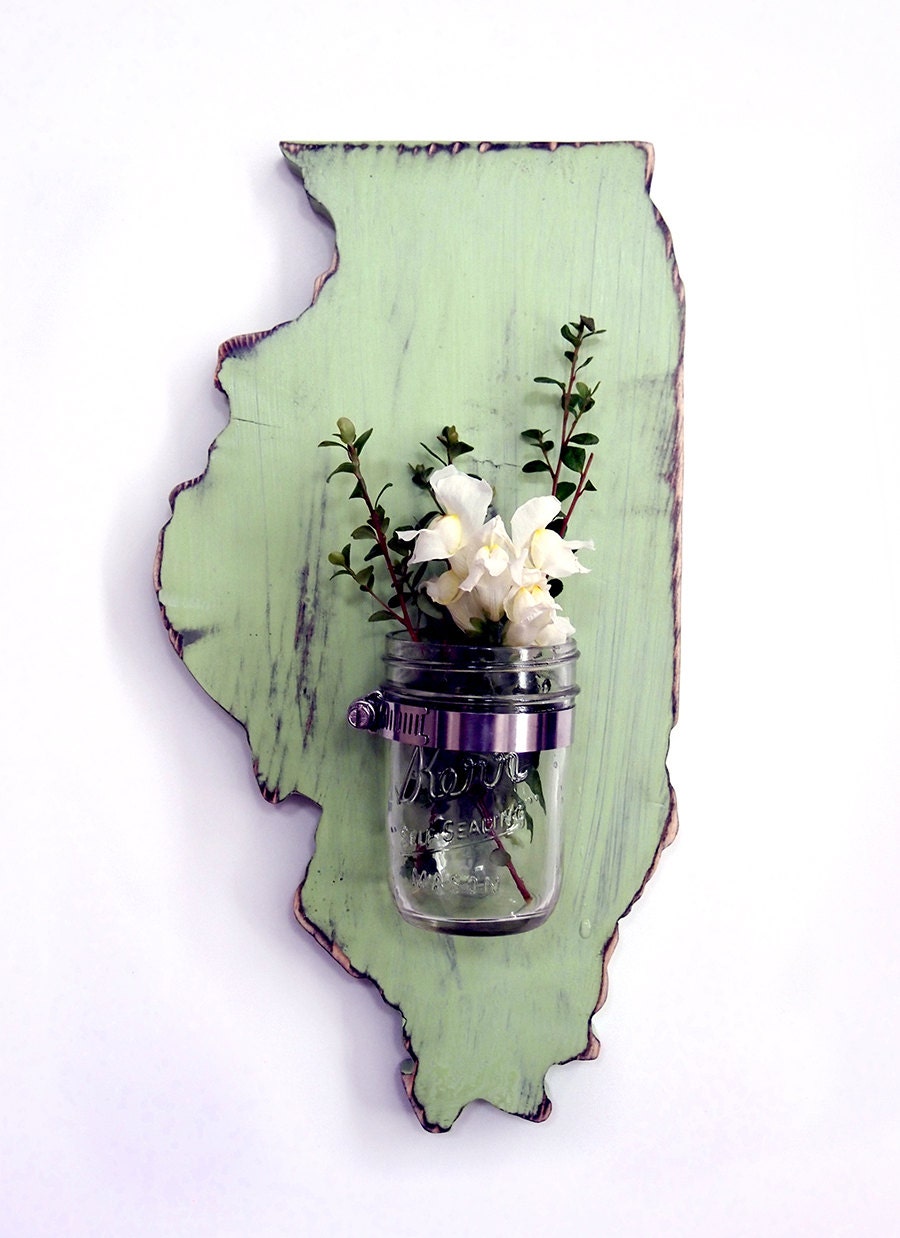 Illinois State Mason Jar Vase Repurposed Candle holder  in Moss Pine Wood Sign Wall Decor Rustic Americana Country Chic