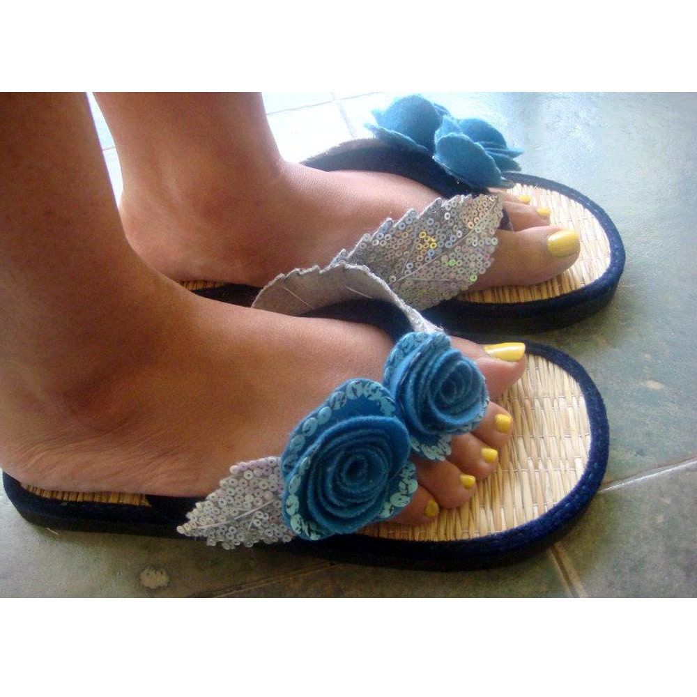Blue Bling Flip Flops/Bridesmaid Flip Flops/Sequins Slippers/Decorated Flip Flops/Handmade Designer Women Slippers/Budding roses - Blue