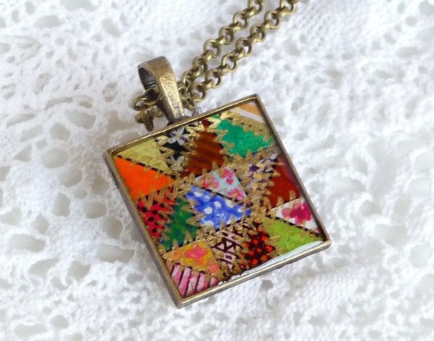 Patchwork jewelry necklace. Unique folk jewelry. Hand painted jewelry. Free custom personalized engraving. Original painting. Rusteam.