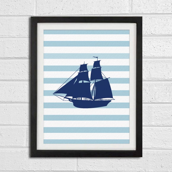 Old Ship Art Print - Navy Blue Nursery Chldren Room - Beach Wall Art Home Decor 8x10