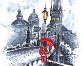 Print from Original Watercolor  Illustration City Art Cityscape Romantic Art Painting Black and White tittled Red Drop Valentins Day