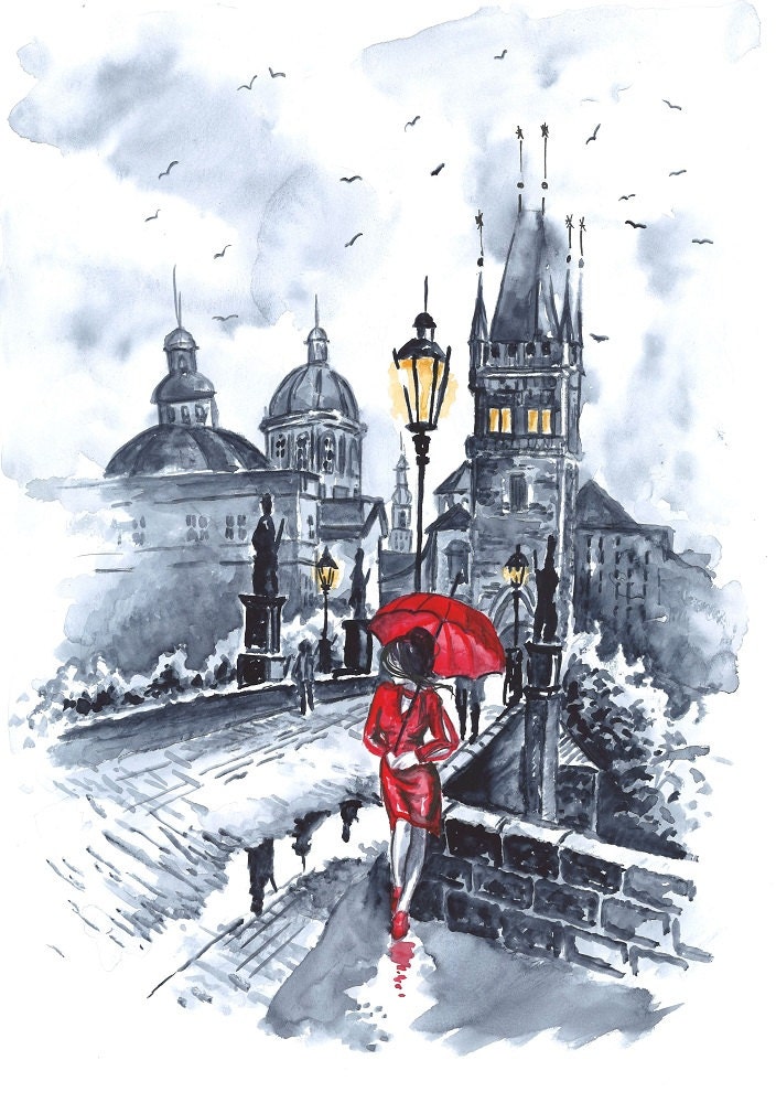 Print from Original Watercolor  Illustration City Art Cityscape Romantic Art Painting Black and White tittled Red Drop Valentins Day