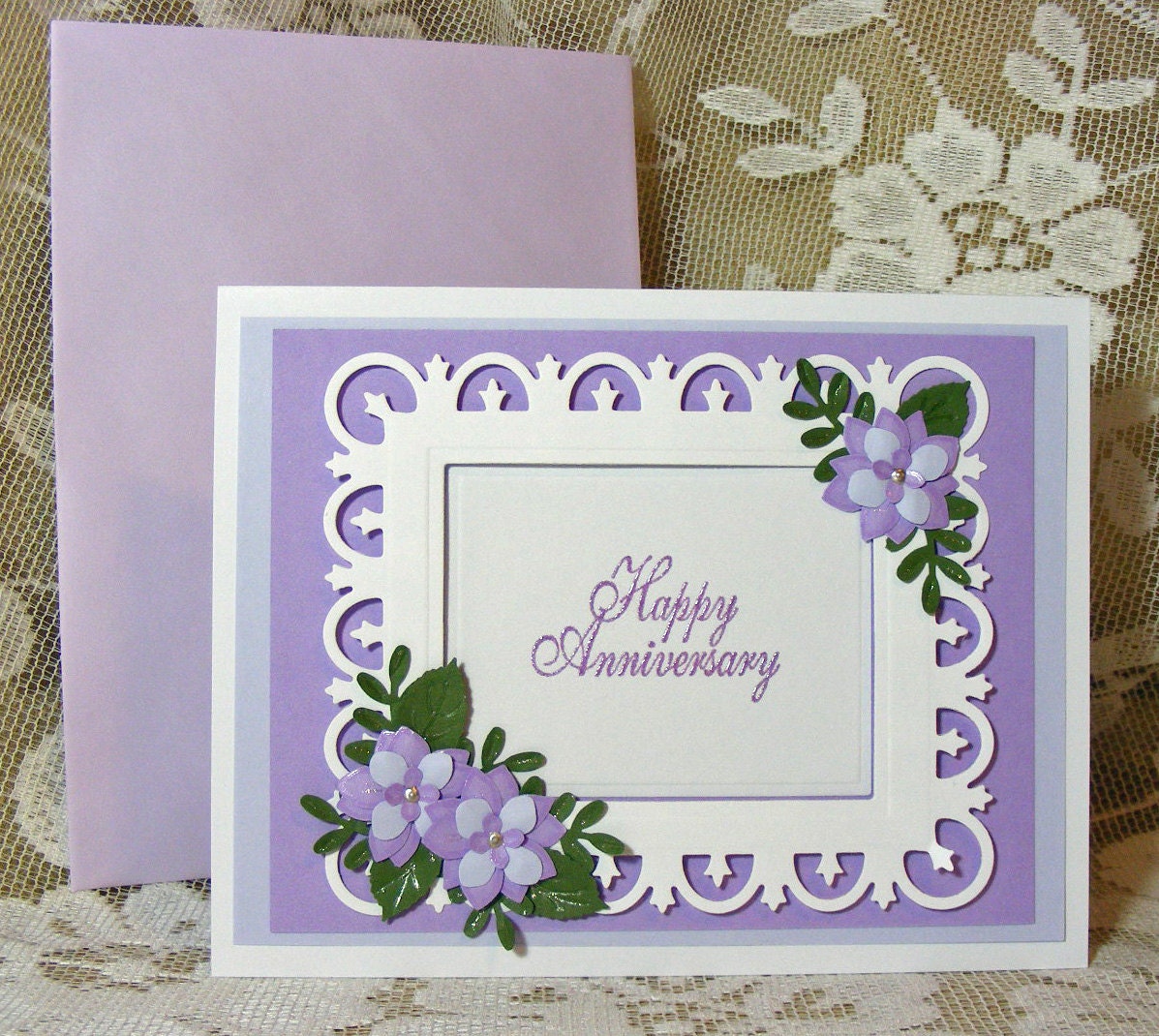 Elegant Handmade Anniversary Card with 3D flowers in lilac and purple