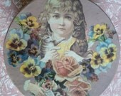 Vintage decoupage hat box. Lavender pastel purple. Violets. Pansy. Storage container. 1800's style. Victorian inspired collage. floral.