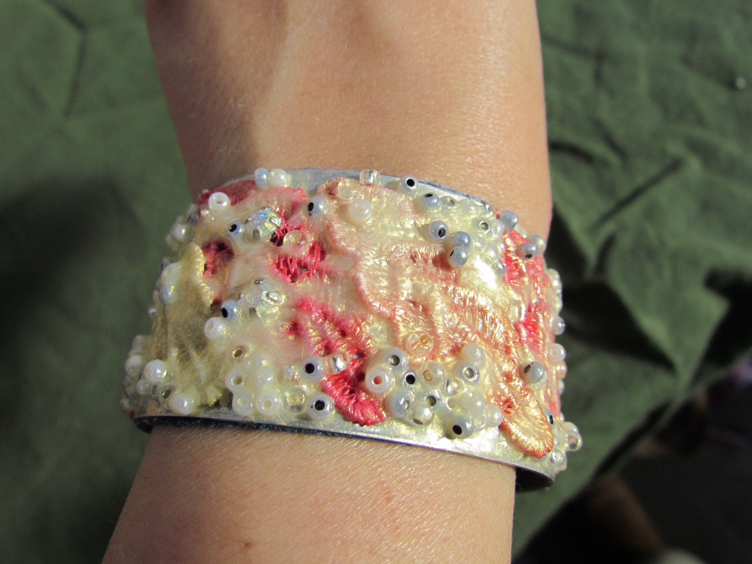 Silver Lace Resin Cuff with beads and swarovski crystals - Hera