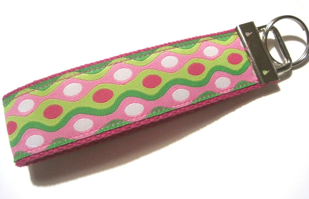 Key Chain...Key Fob...Wristlet...Lanyard...Camera Strap- Hot Pink Lime Green Wavy Dots