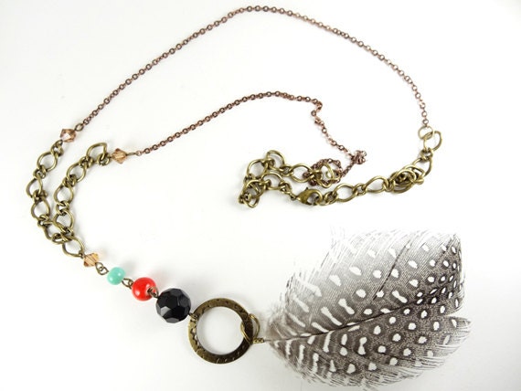 SALE - Long Feather Necklace - Black White Polka Dot - Handmade Boho Jewelry