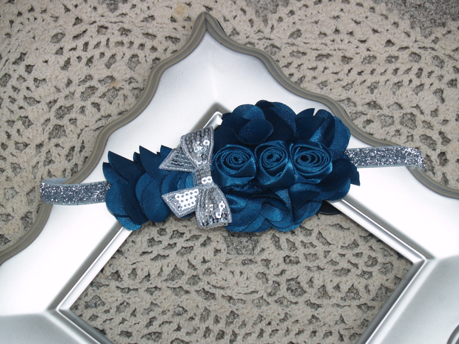 ELEGANT BEAUTY-blue-triple-satin rosette flower-silver sequin bow-silver glitter elastic-HANDMADE-baby-girl-woman-photoprop