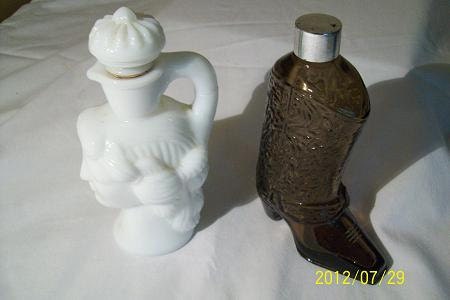 Vintage 2 Avon Bottles Brown Amber Cowboy Boot  Grecian Pitcher White Lids Glass