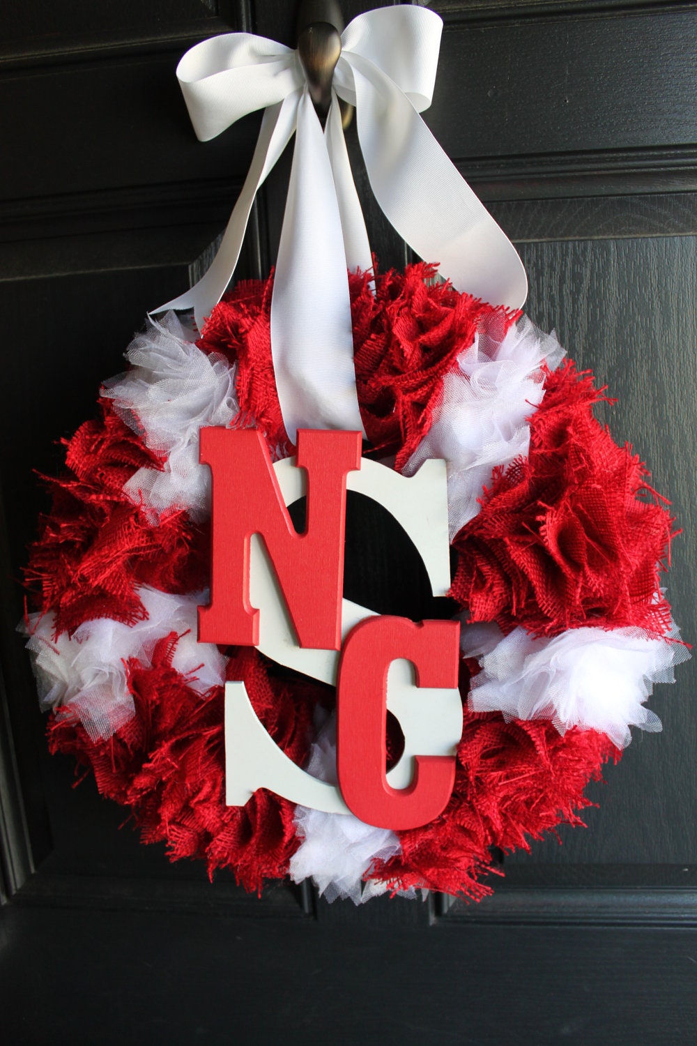 College Team themed burlap and tulle wreath ( red & white NC State Feautred)
