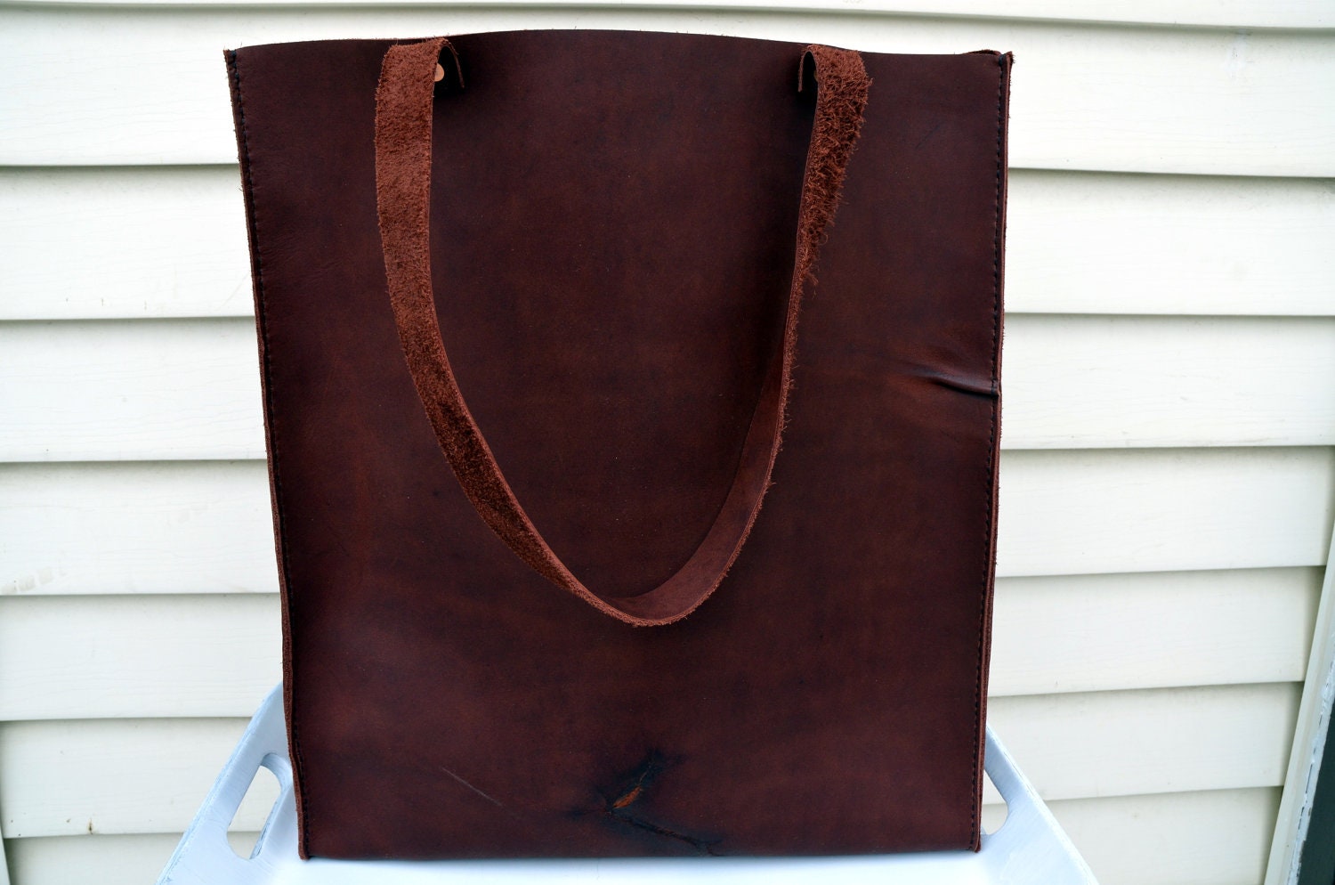 HANDMADE LEATHER TOTE Bag by Little Lion Man -  Burgundy Book Bag Carry-All Luggage Briefcase Grocery Messenger Hip Hand Stitched