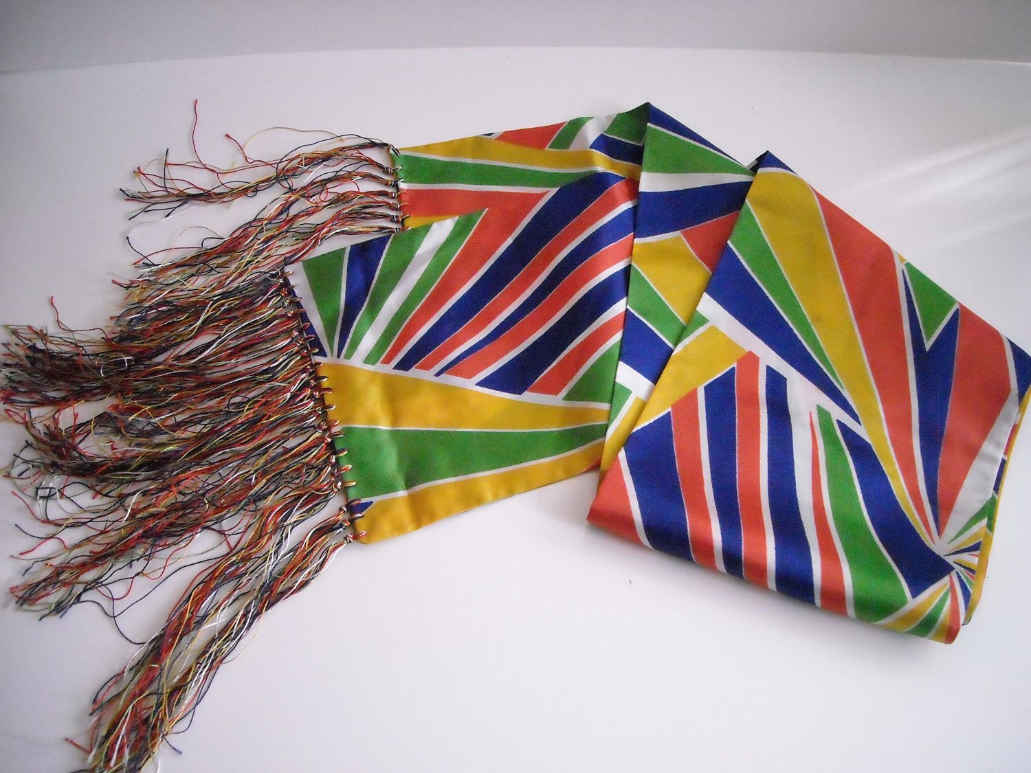 Vintage 1960's Rainbow Colors Silky Long Scarf with Fringes 91 X 6 3/4 inches